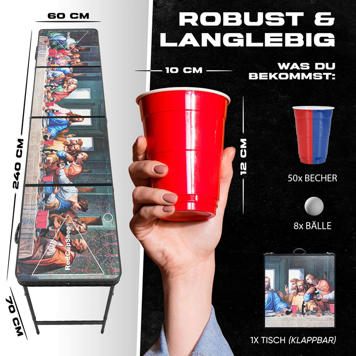 Beer Pong Tisch Set "Abendmahl" inkl. 50 Becher & 8 Bälle