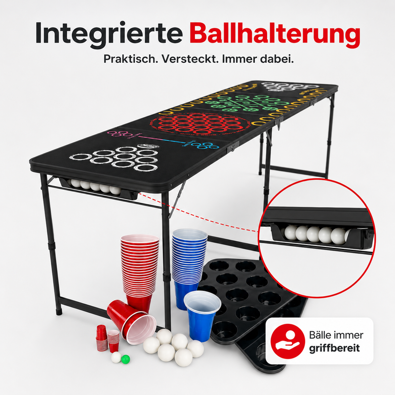 Beer Pong Tisch Set 'Mutligame' inkl. 60 Bechern, 6 Bällen & Racks