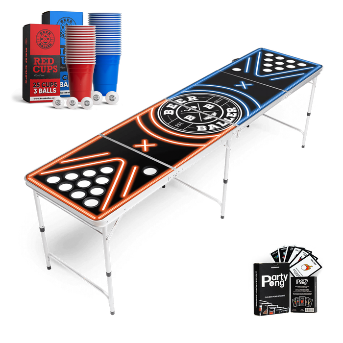 Beer Pong Tisch Set "LED NEON" inkl. 50 Becher, 12 Bälle & Party Pong