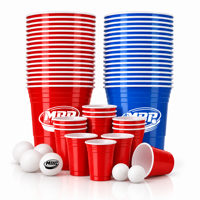 MYBEERPONG® Partybecher Starter Set (25x Rot, 25x Blau, 10x Shot Becher inkl. Bällen)