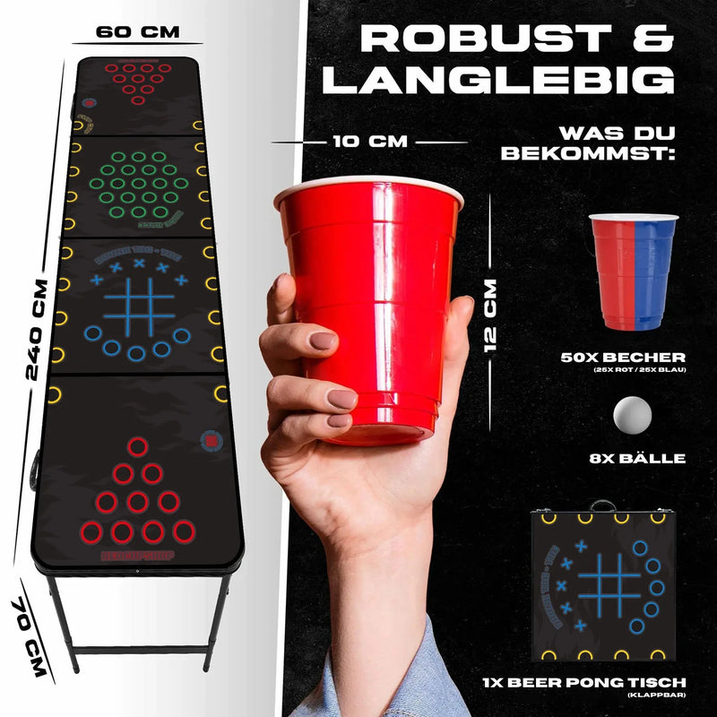 RedCupShop Beer Pong Tisch Set "Multigame" inkl. 50 Becher & 8 Bälle